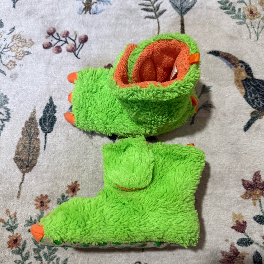 Green and Orange Plush Dinosaur Booties 7-8